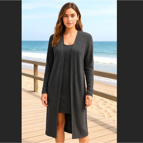 Free People Beach Bi-Coastal Gray Duster Cardigan MEDIUM Open Front Long Pockets - Picture 1 of 11